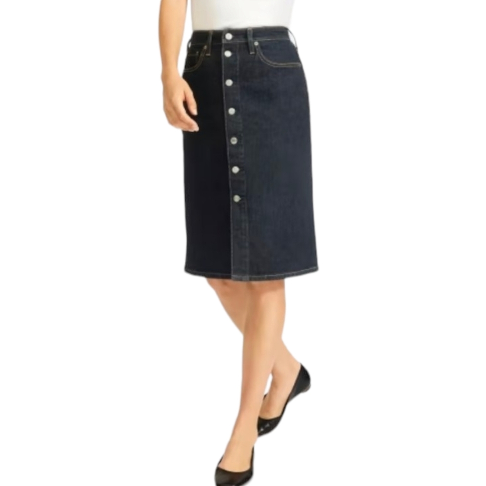 Everlane Denim Pencil Skirt Blue Dark Wash Button Front Size 27 (S) - Picture 3 of 12